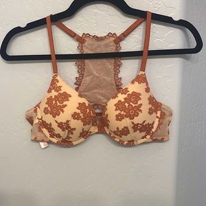 Lace tan and rose PINK bra.